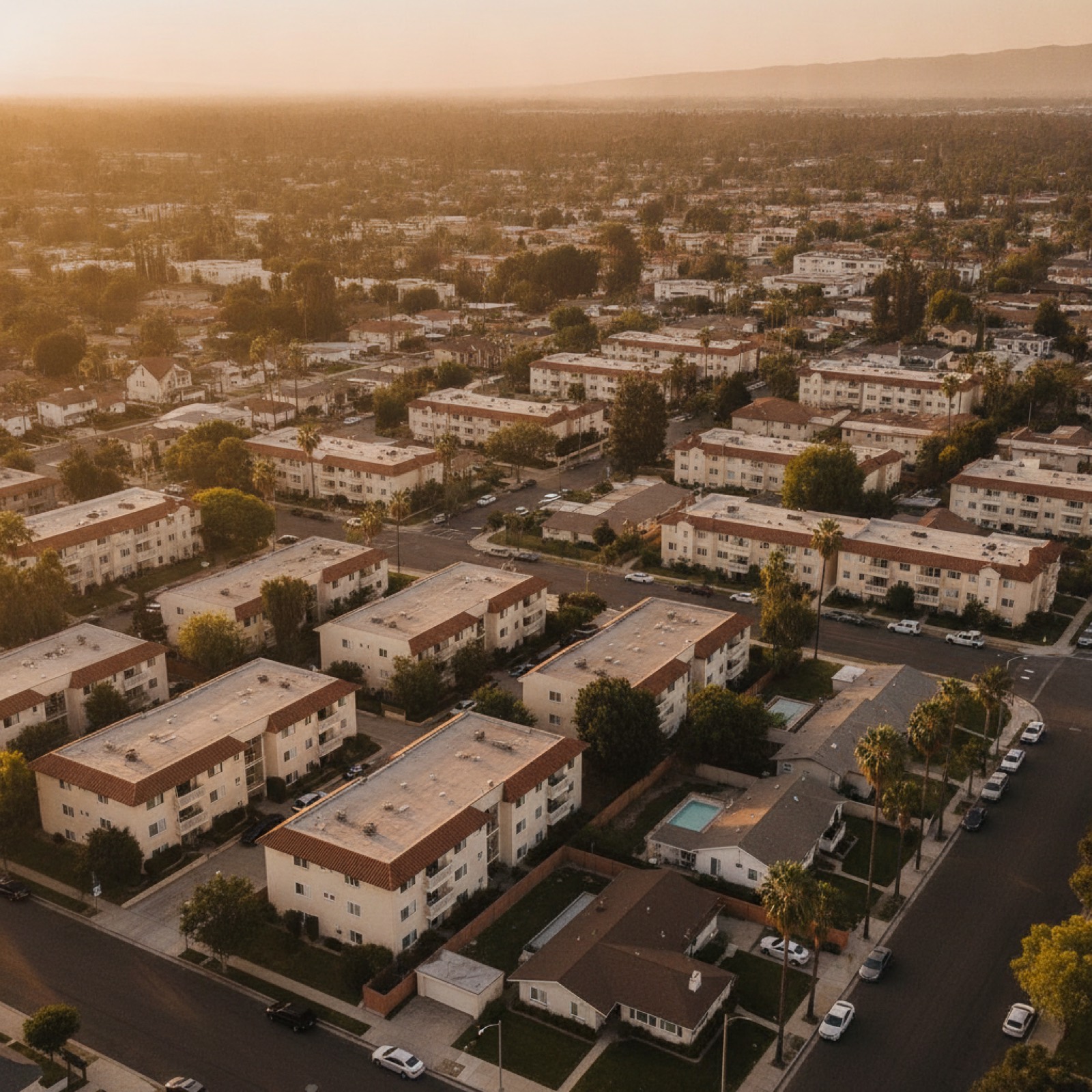 Aerial view of small multifamily buildings in the San Fernando Valley at dusk