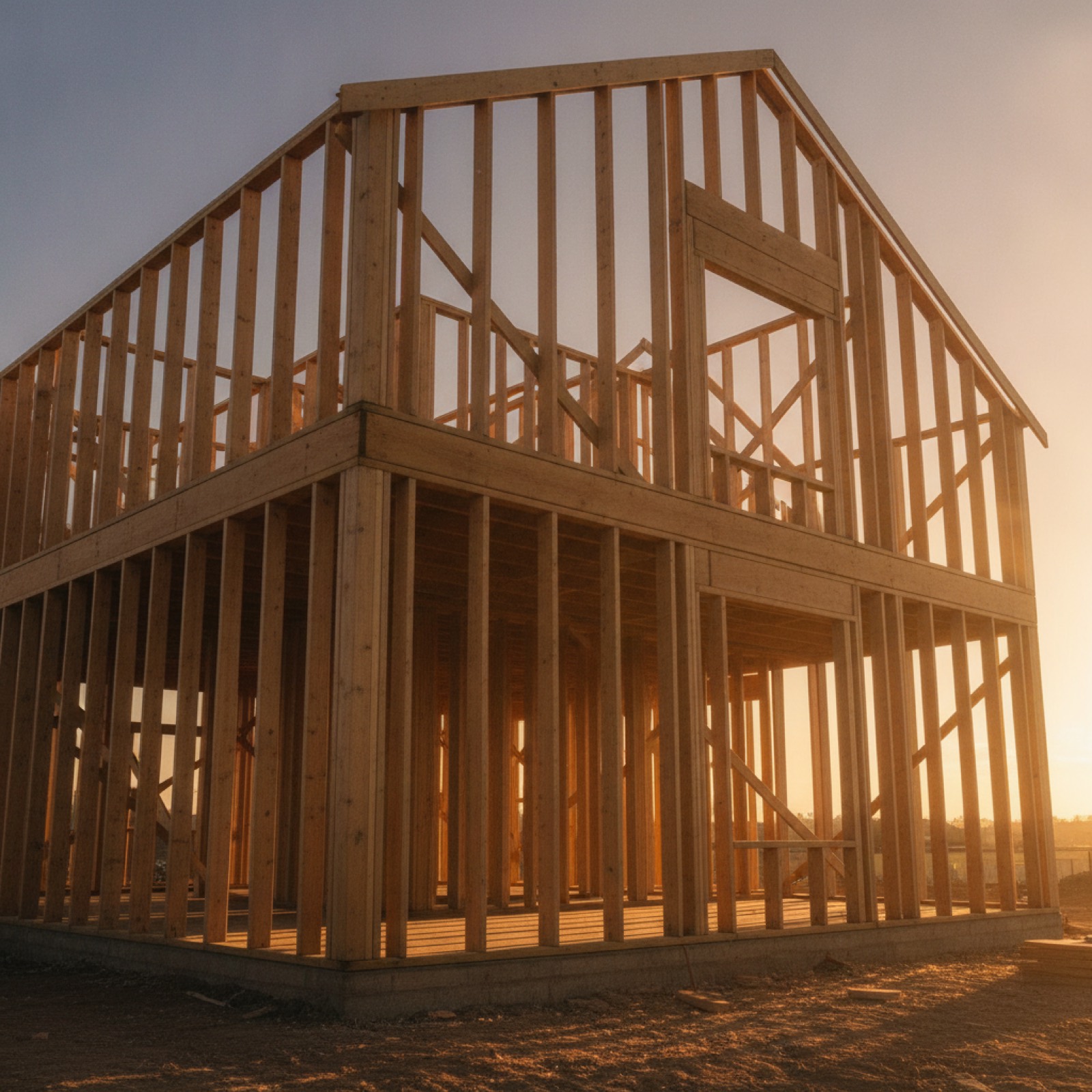 Timber framing of a new house glowing at sunset