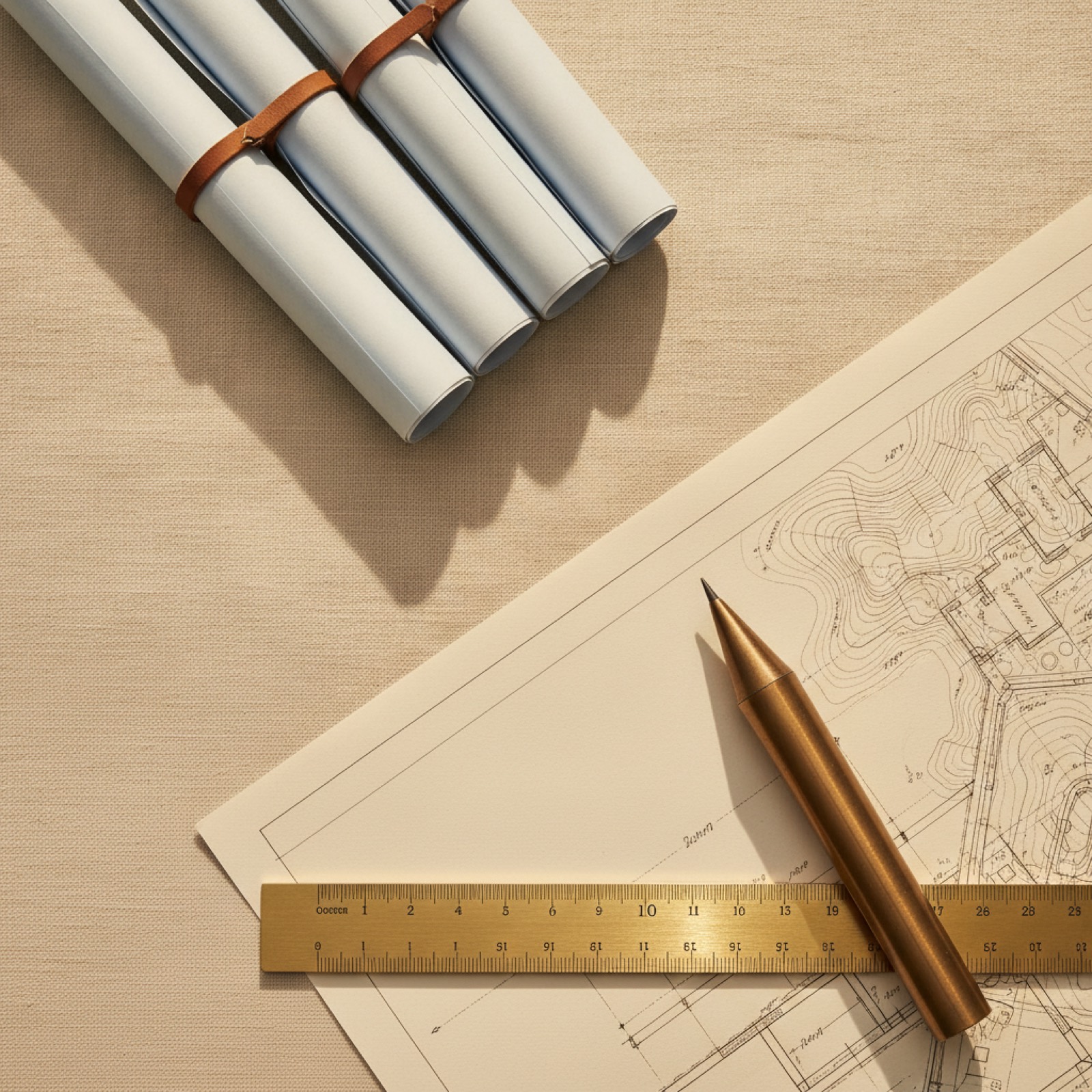 Architectural site plans, brass scale ruler, and blueprint rolls on a drafting table